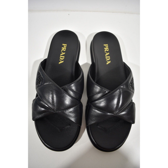 Prada Quilted Criss Cross Strap Black Leather Logo Slide Sandal Mule Flat 39.5 - Picture 12 of 12